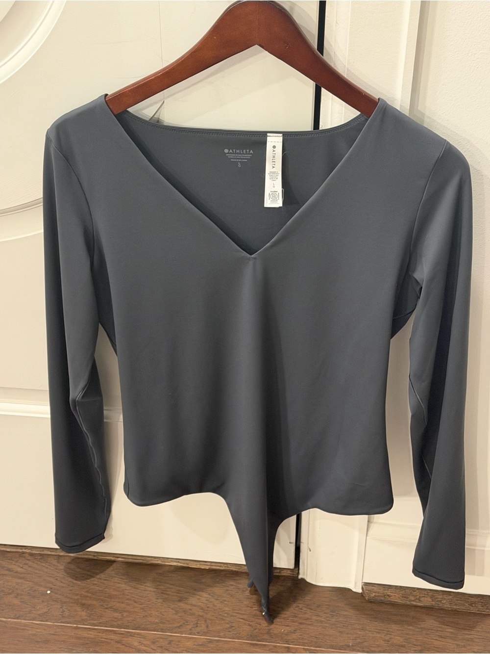 Athleta Women's V-Neck Long Sleeve Bodysuit in Charcoal Gray